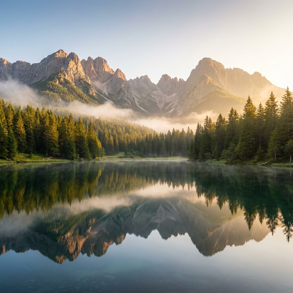 Mountain landscape with forest and lake at sunset